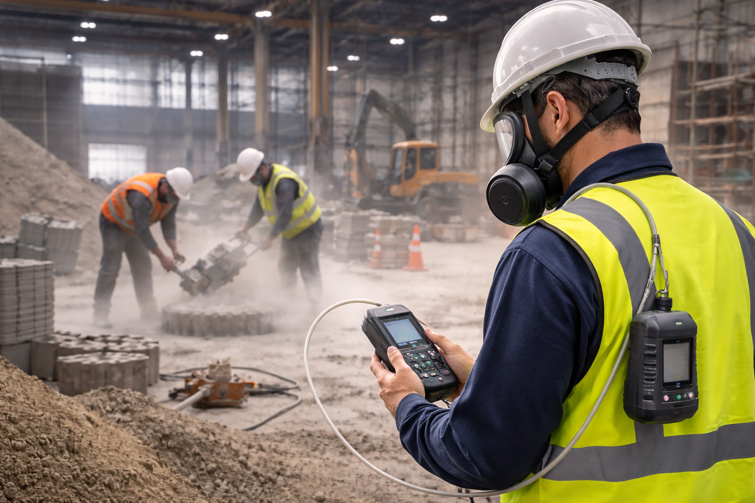Occupational Hygiene & OHS Solutions (OHOS) Pty Ltd conducting crystalline silica monitoring at an active construction and industrial worksite. An occupational hygienist wearing full PPE uses personal air sampling equipment to measure airborne silica dust generated during concrete cutting and excavation activities. OHOS supports industries such as construction, manufacturing, civil works, mining, and infrastructure by providing accurate silica exposure monitoring, compliance reporting, and practical risk management advice. These assessments help businesses protect worker health, meet WHS obligations, and manage long-term risks associated with respirable crystalline silica exposure.